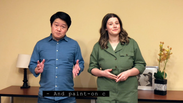 Paint-on captioning example. A man and woman stand side-by-side. A paint-on caption in progress reads "And paint-on c".