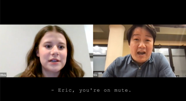 Zoom pop-on captioning example. A man and woman speak over a Zoom virtual meeting. A pop-on caption in progress reads "Eric, you're on mute."
