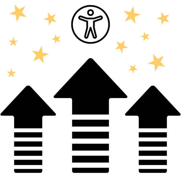 Three arrows pointing up at an accessibility symbol surrounded by stars