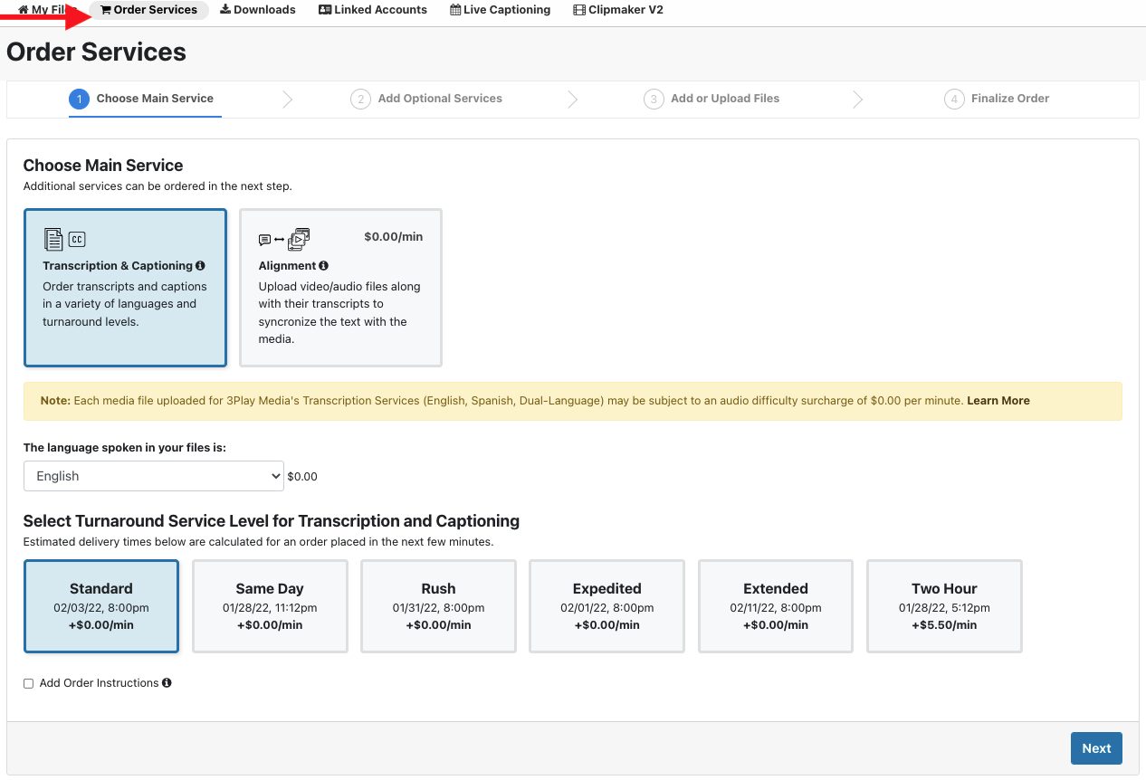 3Play Media account system order services page