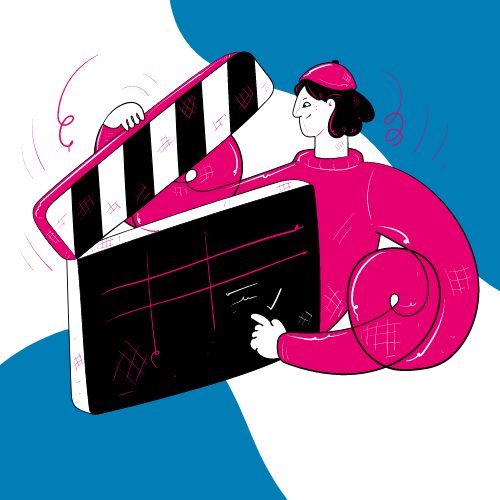 A graphic image of a person with a director's clapboard