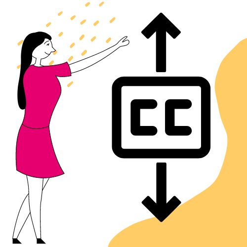 A graphic image of a person pointing to a closed captioning symbol. Two arrows point up and down from the CC symbol.