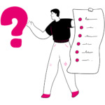 A person holding a checklist next to a question mark
