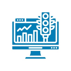 computer with a graph and traffic light