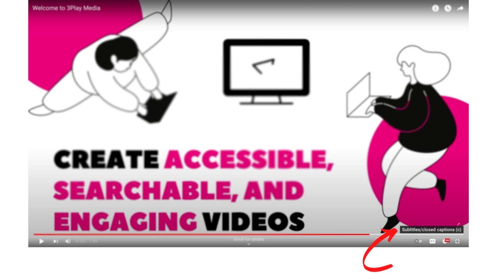 YouTube video screenshot emphasizing the CC button, with a slide that reads "Create accessible, searchable, and engaging videos"