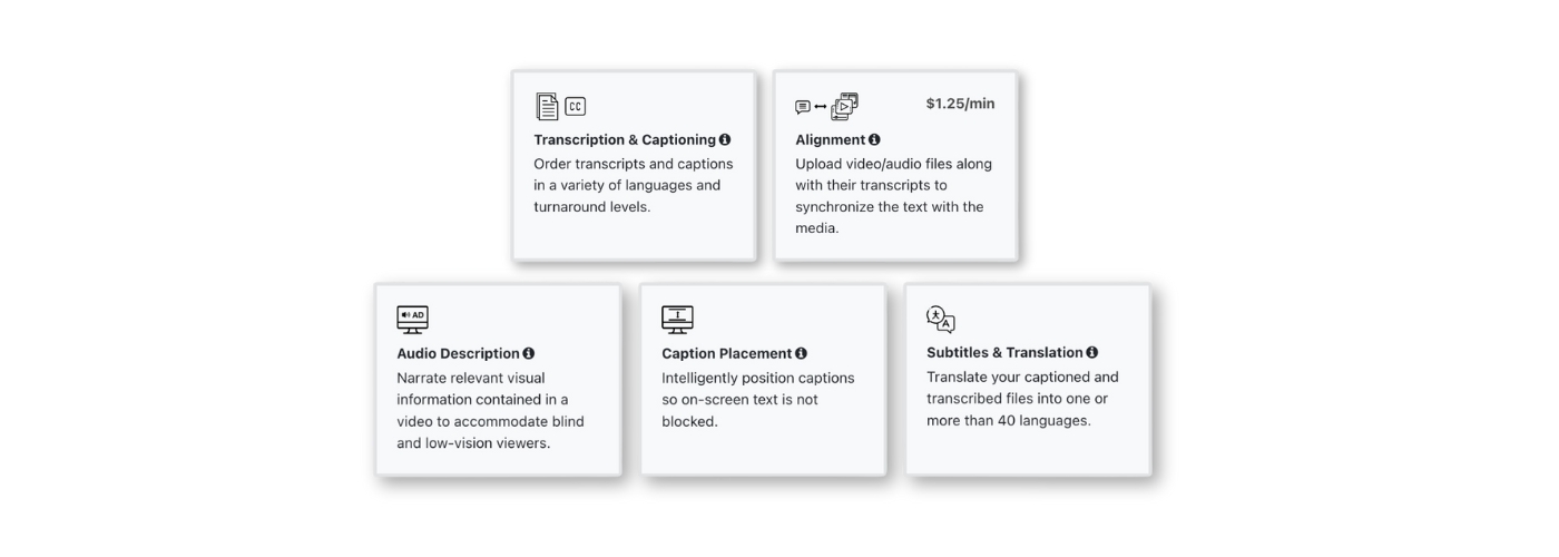 transcription + captioning, alignment, audio description, caption placement, subtitles + translation