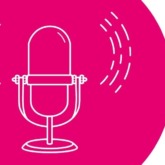 Podcast transcript icons with pink and black shapes against white background