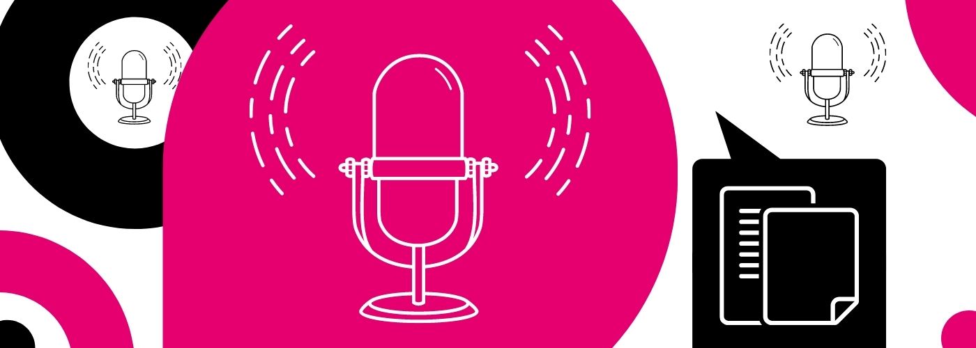 Podcast transcript icons with pink and black shapes against white background