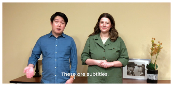 Screenshot of man and woman talking. White subtitle reads "These are subtitles."