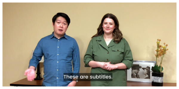 Screenshot of man and woman talking. White on semi-transparent black box subtitle reads "These are subtitles."