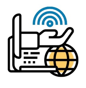 A hand extends out of a screen, with icons of Wifi and a globe beside it
