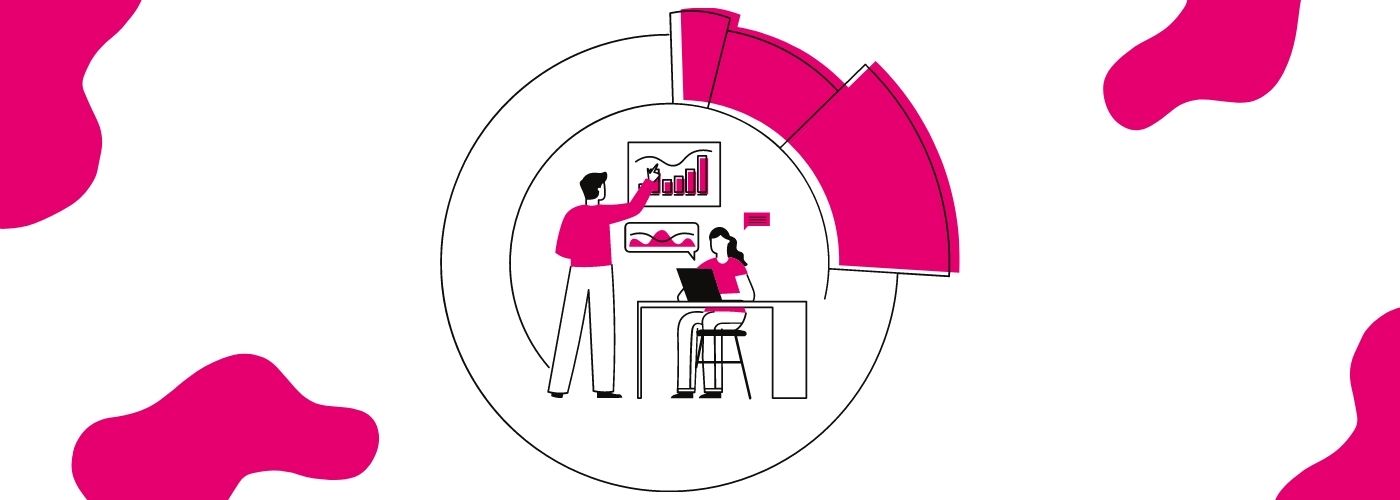 Two cartoon people work on a graph within a circle chart