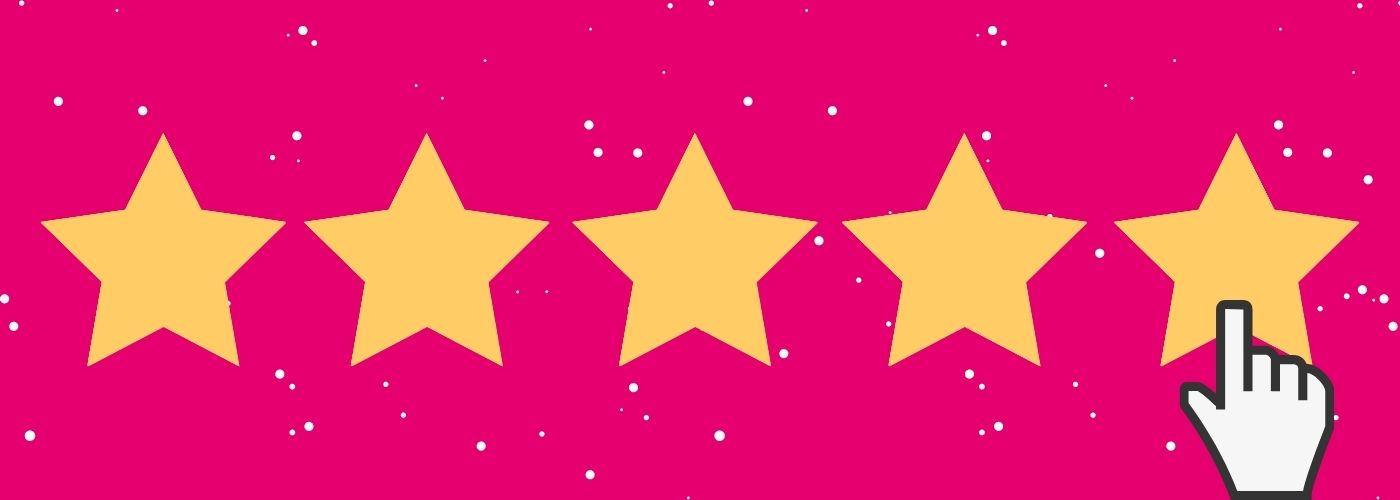 Five yellow stars and a hand icon clicking the fifth star