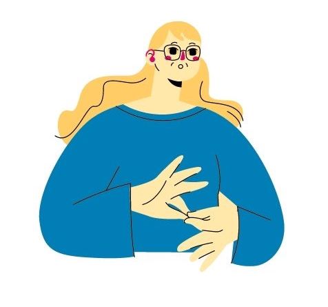 Cartoon person making ASL hand sign for the word "interpret"