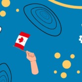 Hands waving Canadian flags, gears, and other abstract designs scattered