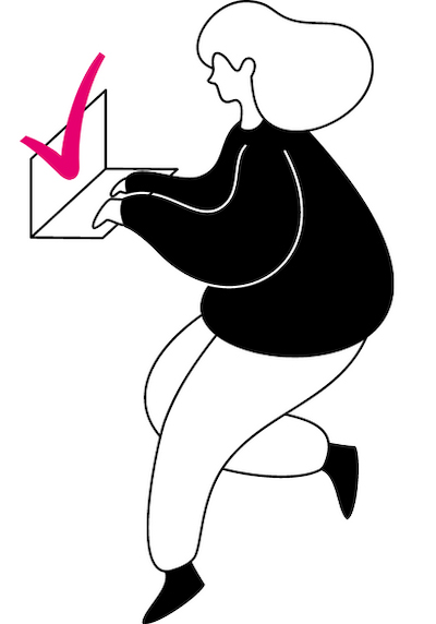 A woman on a computer with a big check mark on it