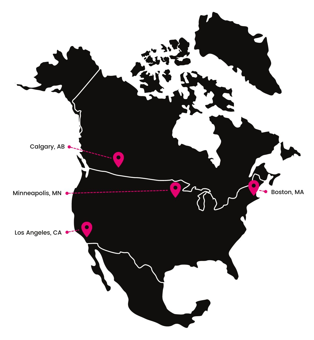 North American map for 3Play Media and 3Play Media Canada offices: Boston, Minneapolis, Los Angeles, Calgary (Canada)