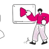 cartoon people holding a list, interacting with video, and raising a light bulb