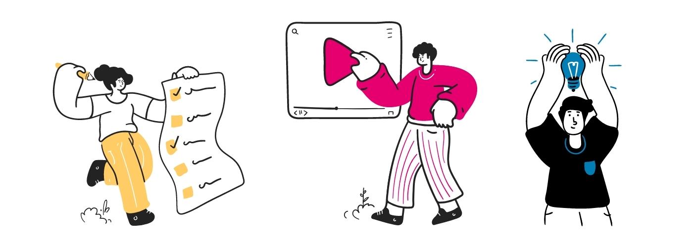 cartoon people holding a list, interacting with video, and raising a light bulb