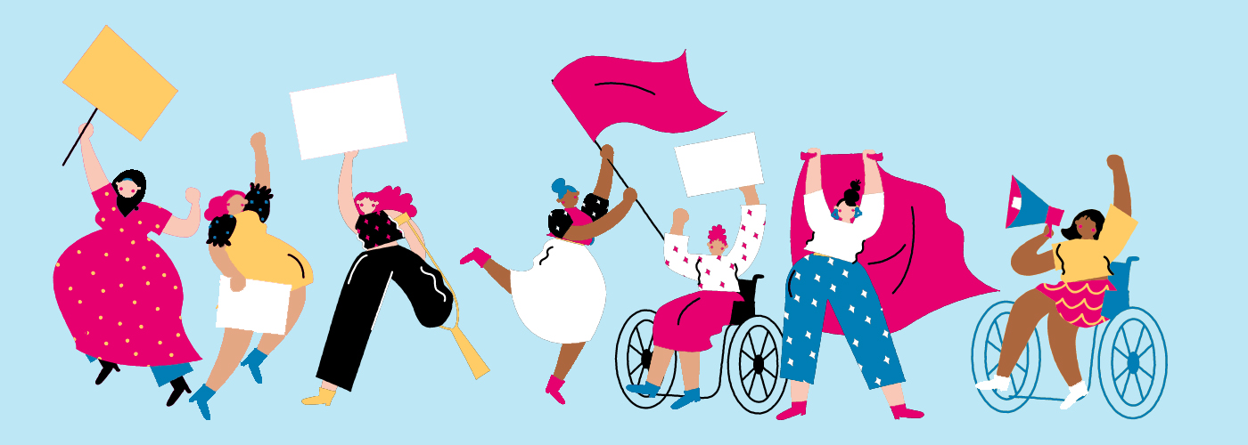 people with and without disabilities parading with signs and flags