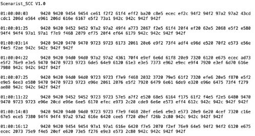 A screenshot of an SCC file opened in a text editor. Raw data in the form of numbers and letters arranged in hexadecimal values.