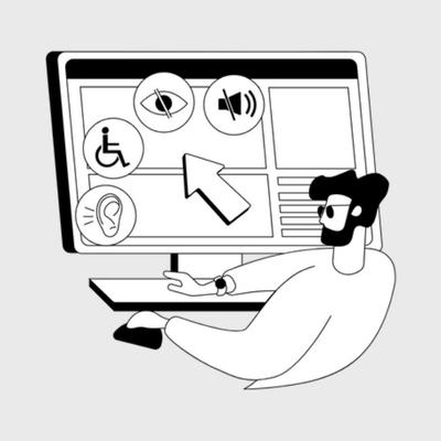 Person at a computer monitor with several accessibility icons on the screen