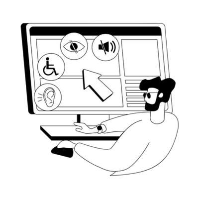 Person at a computer monitor with several accessibility icons on the screen