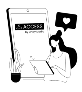 ACCESS by 3Play Media logo on tablet with person typing and a heart in a thought bubble