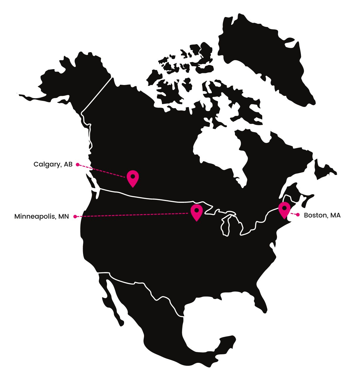 North American map for 3Play Media and 3Play Media Canada offices: Boston and Minneapolis (US) and Calgary (Canada).
