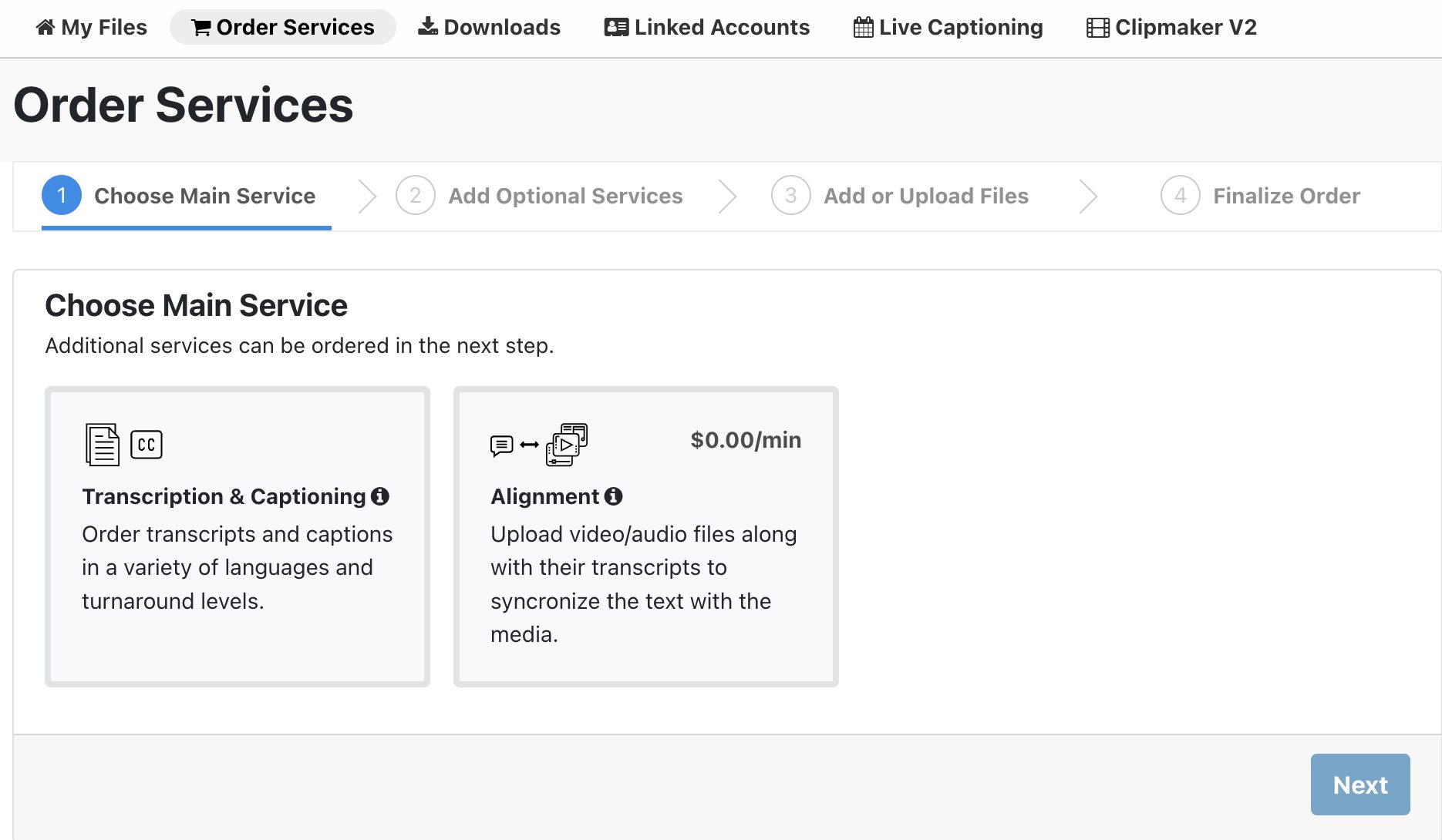 Order Services tab that shows Captioning & Transcription and Alignment as main service options.
