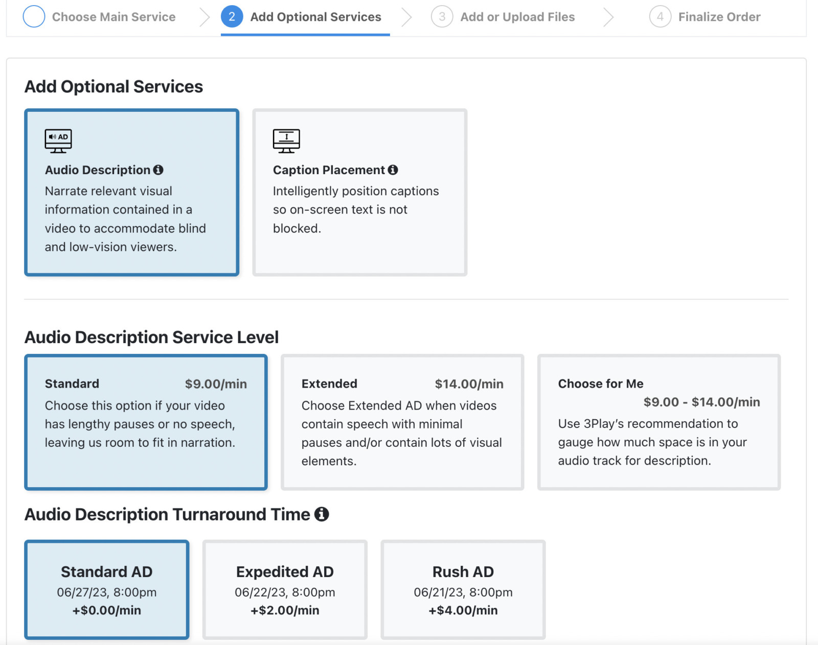 Adding audio description as an optional service in 3Play's online platform. The screen shows the Audio Description level and desired turnaround time.