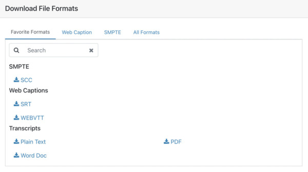 Download file formats page showing options for different caption and transcript formats.