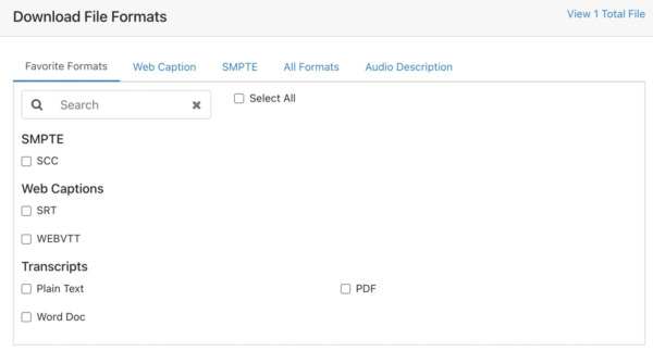 Options for downloading multiple files for a 3Play Media file for which multiple services were ordered.