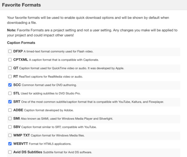 Favorite formats page on 3Play Media online platform. Displays many caption formats such as SRT and WebVTT.