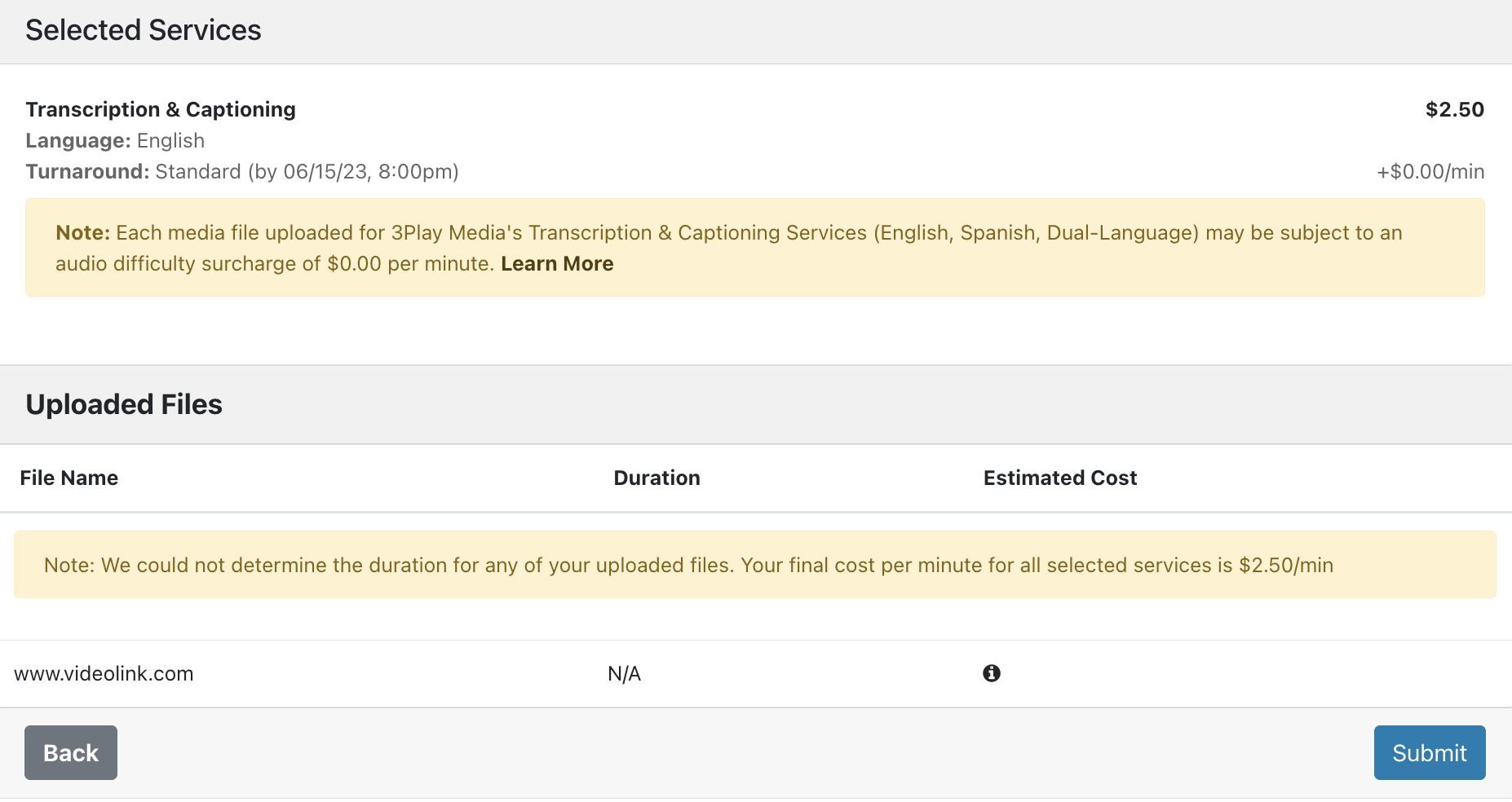 Screenshot of the 3Play account system showing finalizing and submitting the order