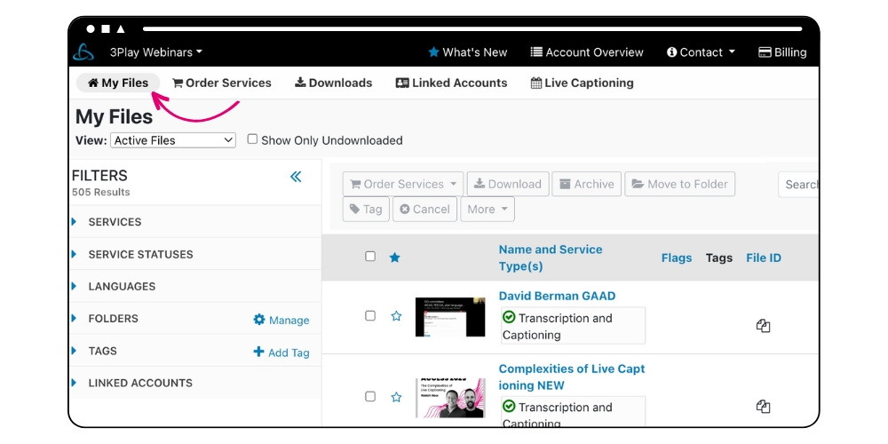 screenshot of 3Play Media Webinars my files page in the 3Play platform