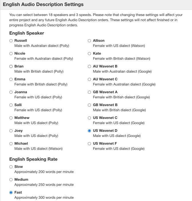 screenshot of 3Play Media account audio description settings