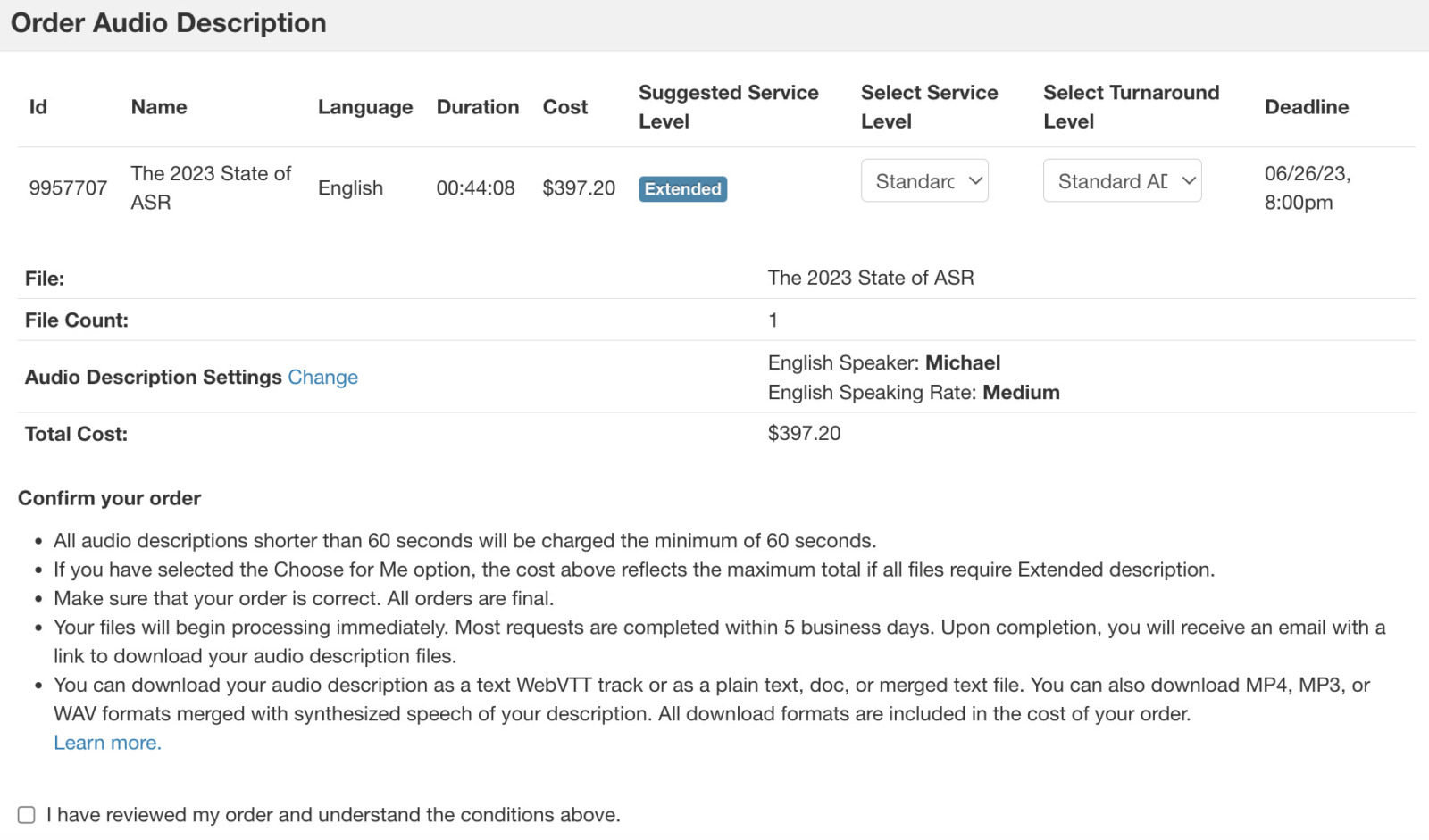 screenshot from the 3Play Media account showing the Order Audio Description details menu