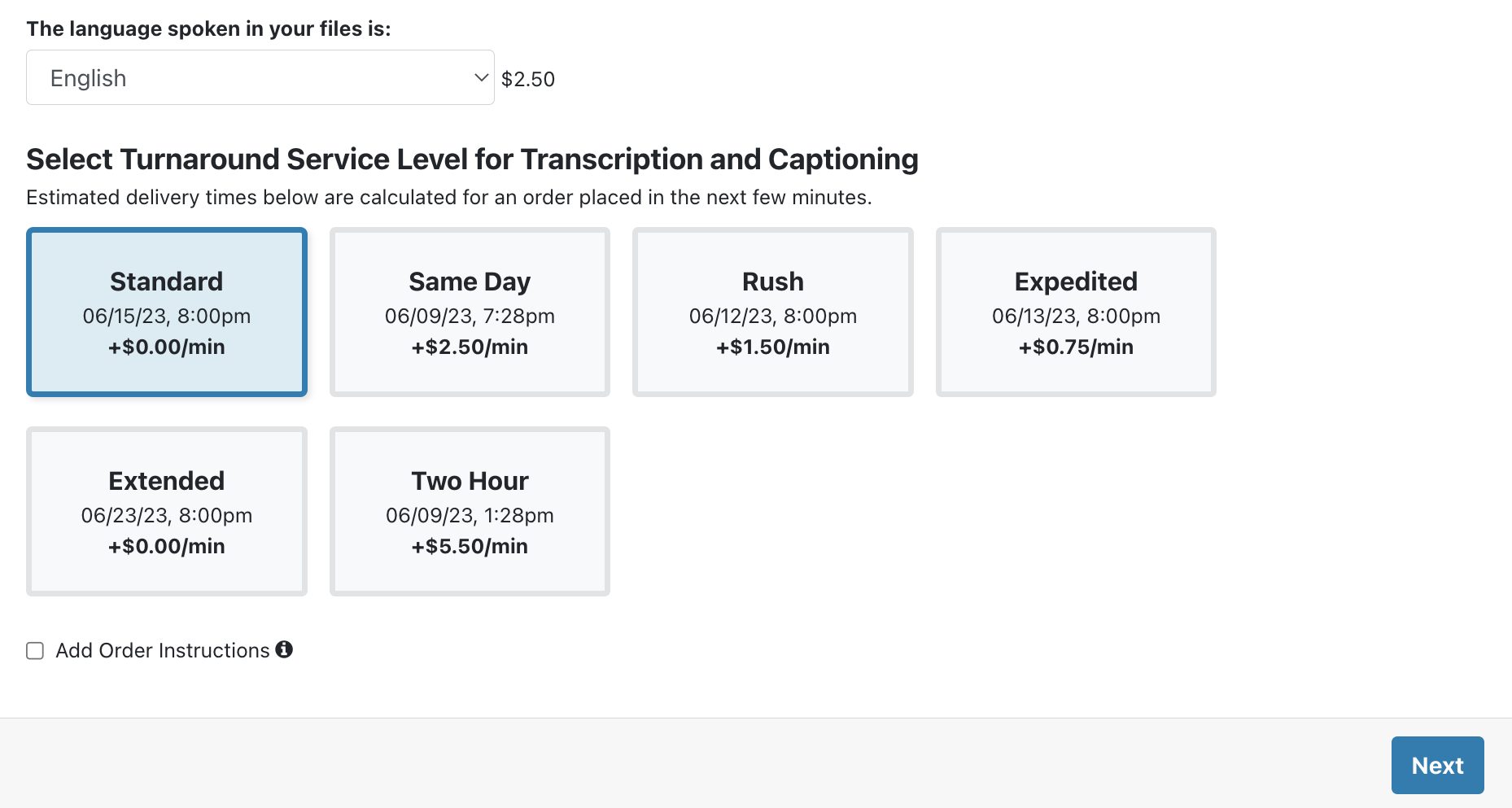 Screenshot of the 3Play account system showing turnaround and language selections