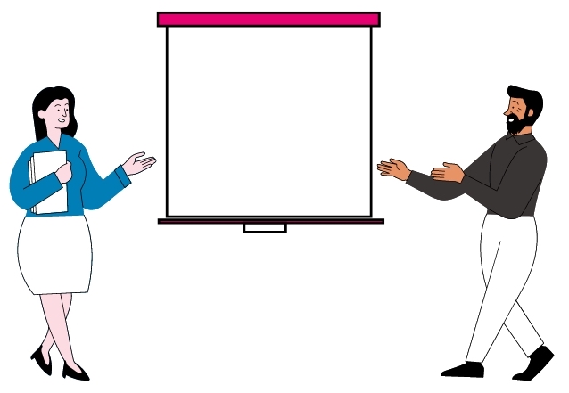 A man and a woman pointing to a projector screen