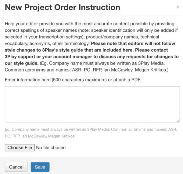 New project order instructions page with save button