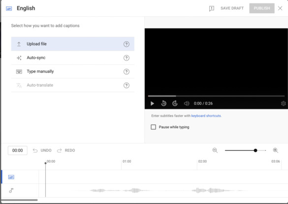 screenshot of YouTube caption feature in video editor