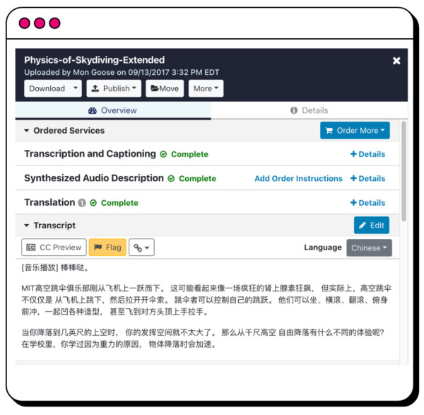 File preview showcases preview of transcript in Chinese language.