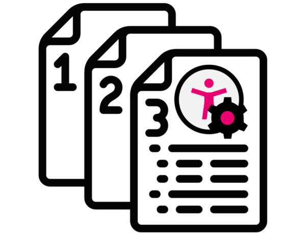 Three stacked documents labeled with number 1, 2, or 3. Document 3 is on top of the stack with text, an accessibility symbol, and a gear