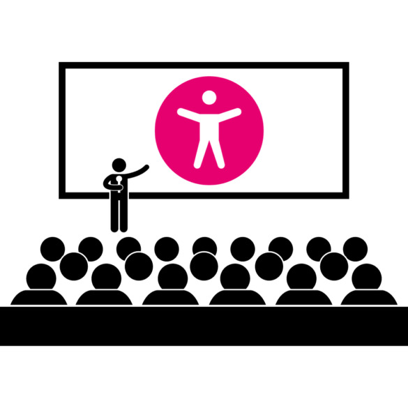 Lecture in large classroom with accessibility symbol