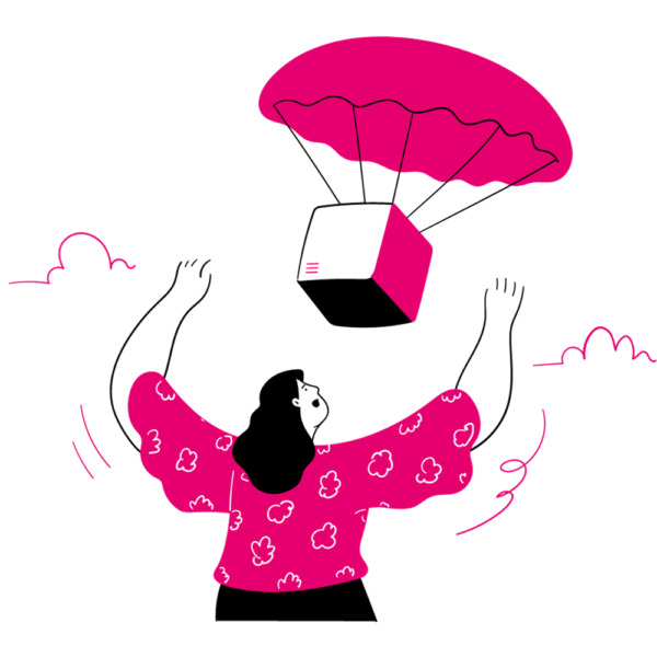 Person receiving a box held by a parachute.