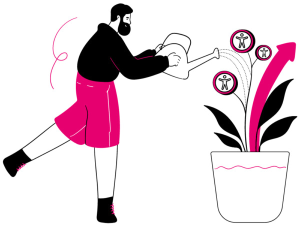 Person watering a plant with accessibility symbols growing from it.