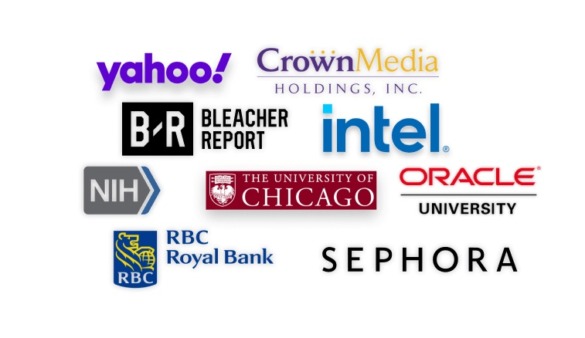 Logos of Yahoo, Crown Media, Bleacher Report, Intel, NIH, University of Chicago, Oracle University, RBC Royal Bank, and Sephora