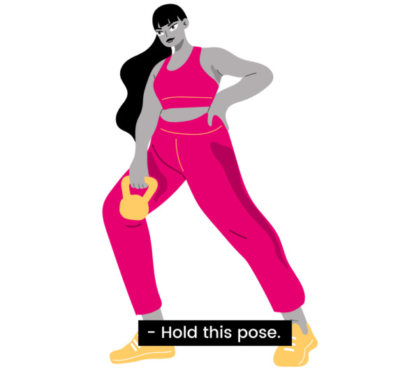 Woman in workout gear holds a kettlebell. A closed caption with white text on a black background reads "- Hold this pose."