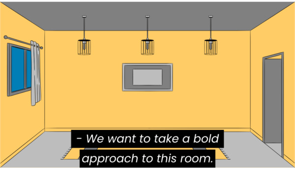 An empty room of a house. A closed caption in white text on a black background is formatted in italics and reads "- We want to take a bold approach to this room."
